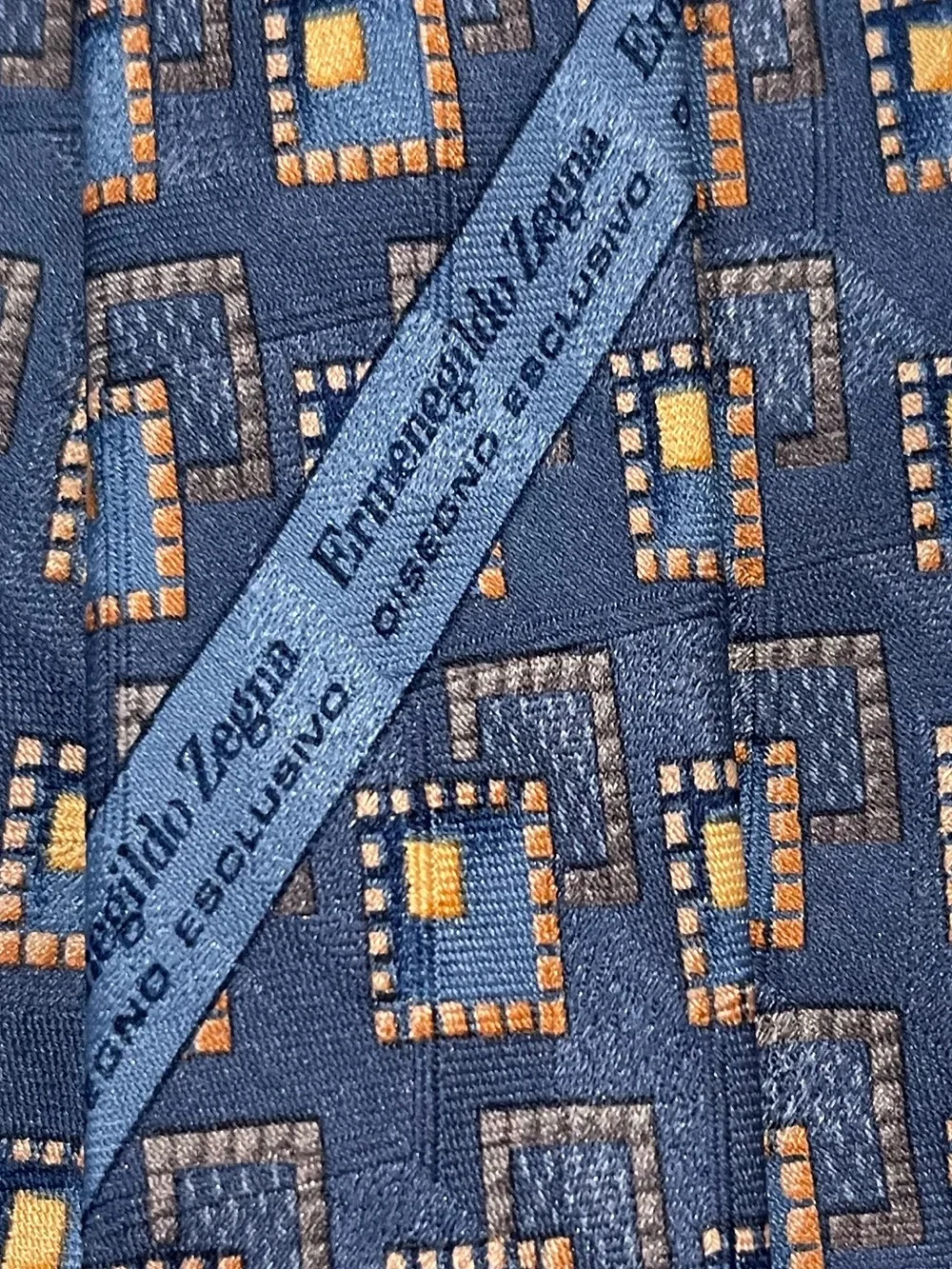 Ermenegildo Zegna Blue Silk Tie with Tan Geometric Squares